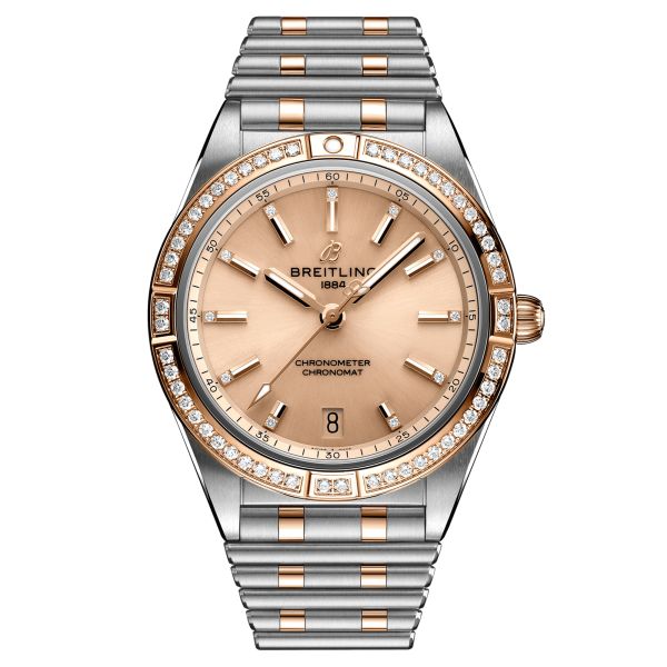 Breitling Chronomat Lady Automatic watch in pink gold and steel copper dial bezel and diamond indexes 36 mm