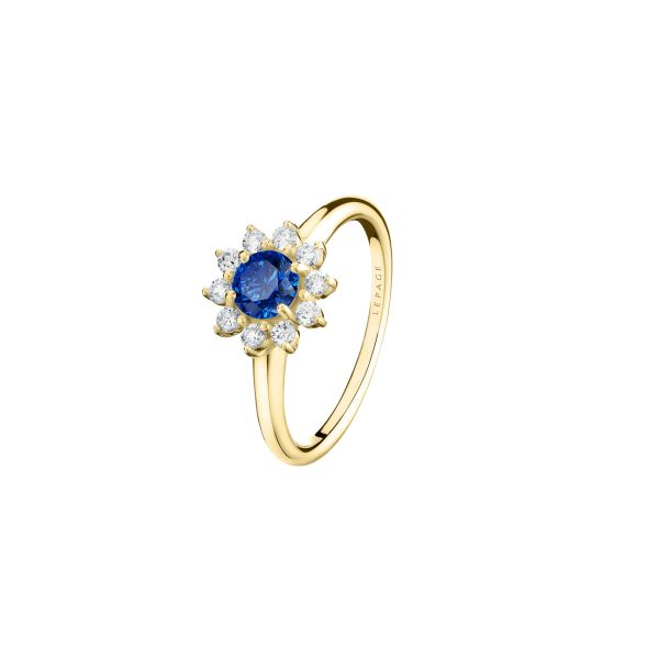 Lepage Marguerite ring in yellow gold, sapphire and diamonds