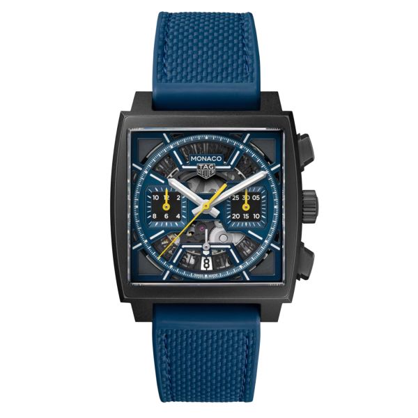 TAG Heuer Monaco Skeleton Chronograph "The Dark Blue" automatic leather and rubber strap 39 mm