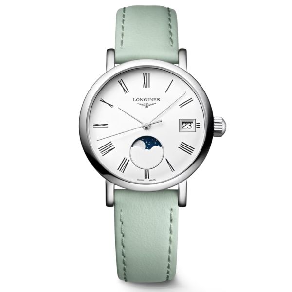 Longines Elegant collection Phase de Lune quartz watch white dial green leather strap 30 mm