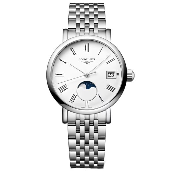 Longines Elegant collection Phase de Lune quartz watch white dial steel bracelet 30 mm