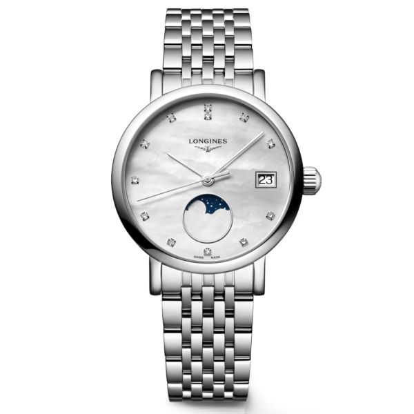 Montre Longines Elegant collection Phase de Lune quartz cadran blanc bracelet acier 30 mm