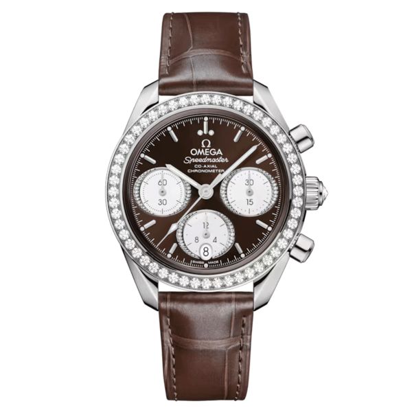 Montre Omega Speedmaster 38 Diamants Chronographe Co-Axial Chronometer automatique cadran brun bracelet cuir 38 mm