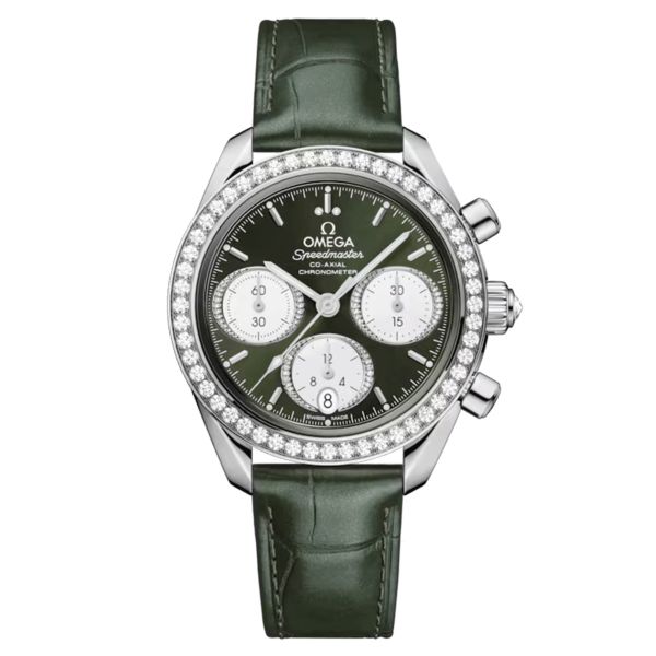 Montre Omega Speedmaster 38 Diamants Chronographe Co-Axial Chronometer automatique cadran vert bracelet cuir 38 mm