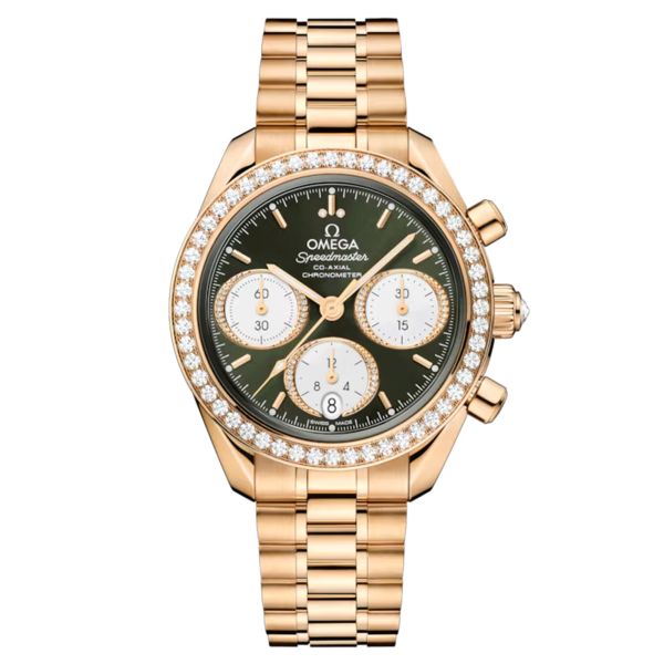 Montre Omega Speedmaster 38 Diamants Chronographe Co-Axial Chronometer automatique Or Moonshine cadran vert bracelet or jaune 38