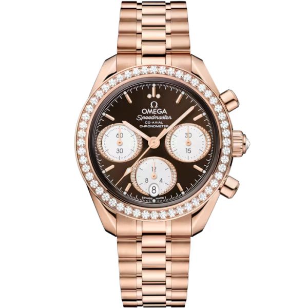 Montre Omega Speedmaster 38 Diamants Chronographe Co-Axial Chronometer automatique Or Sedna cadran brun bracelet or rose 38 mm