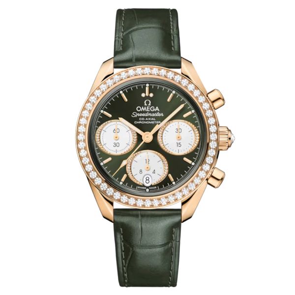 Montre Omega Speedmaster 38 Diamants Chronographe Co-Axial Chronometer automatique Or Moonshine cadran vert bracelet cuir 38 mm