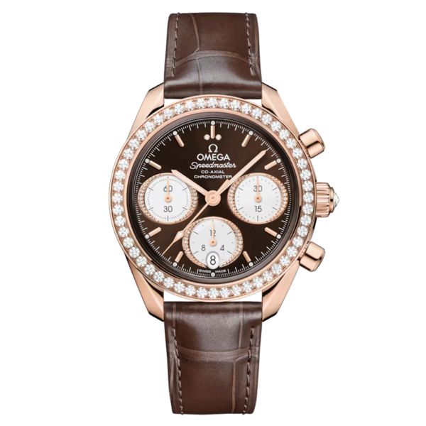 Montre Omega Speedmaster 38 Diamants Chronographe Co-Axial Chronometer automatique Or Sedna cadran brun bracelet cuir 38 mm
