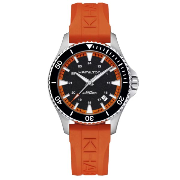 Montre Hamilton Khaki Navy Scuba automatique cadran noir bracelet caoutchouc orange 40 mm