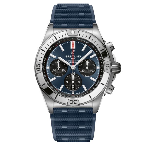 Breitling Chronomat B01 Chronograph automatic watch blue dial blue rubber strap 42 mm AB0134101C1S1