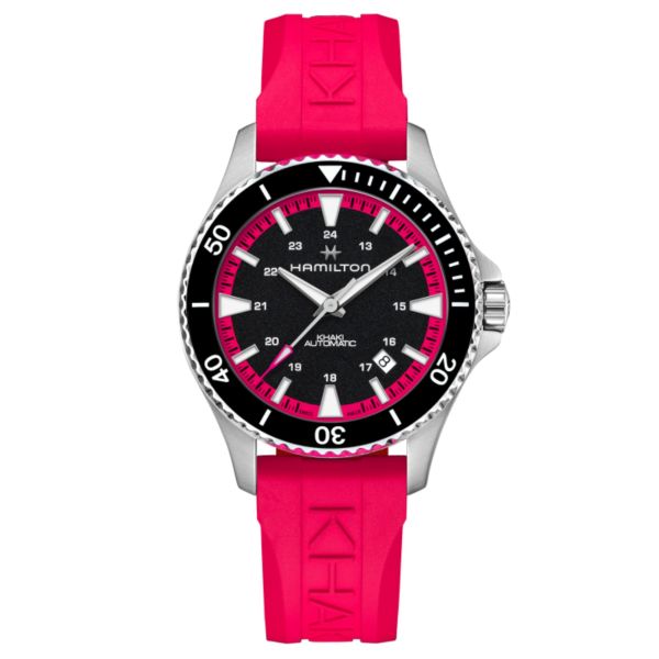 Hamilton Khaki Navy Scuba automatic watch black dial pink rubber strap 40 mm