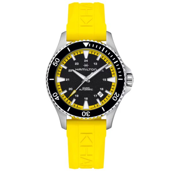 Montre Hamilton Khaki Navy Scuba automatique cadran noir bracelet caoutchouc jaune 40 mm