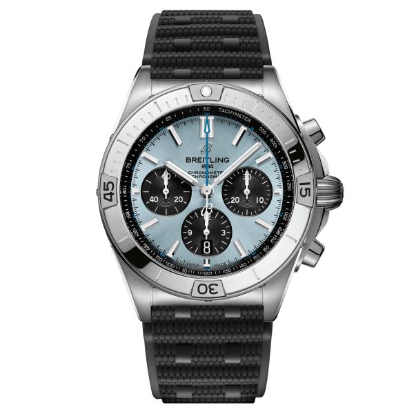 Breitling Chronomat B01 Ice Blue automatic watch glacier blue dial black rubber strap rollers 42 mm PB0134101C1S2