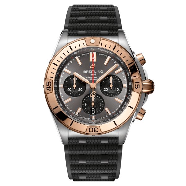 Breitling Chronomat B01 Chronograpge automatic gold watch anthracite dial black rubber strap 42 mm UB0134101B1S1