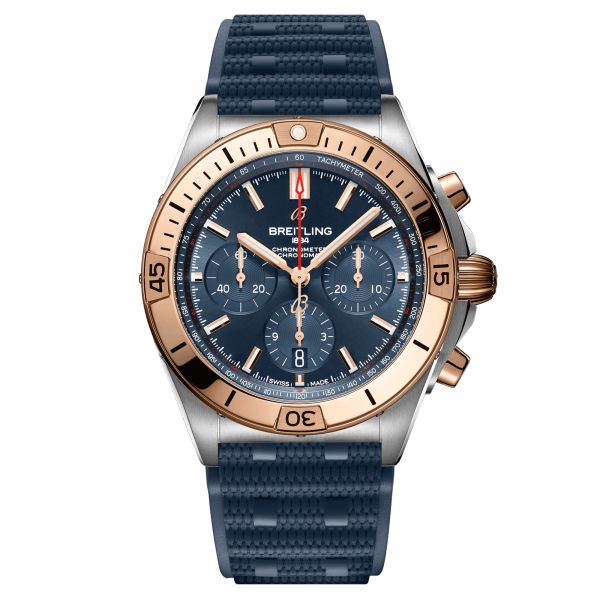 Montre Breitling Chronomat B01 Chronograph Or automatique cadran bleu bracelet caoutchouc bleu 42 mm UB0134101C1S1