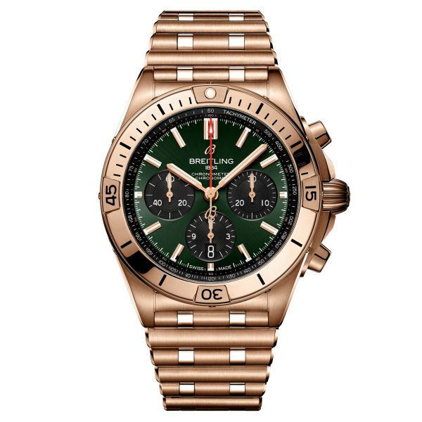 Montre Breitling Chronomat B01 Chronograph Or rose automatique cadran vert bracelet or rose 42 mm RB0134101L1R1