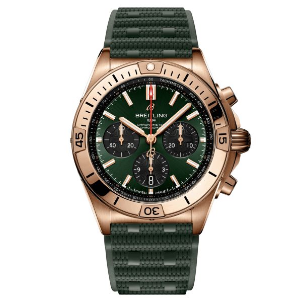 Montre Breitling Chronomat B01 Chronograph Or rose automatique cadran vert bracelet caoutchouc vert 42 mm RB0134101L1S1