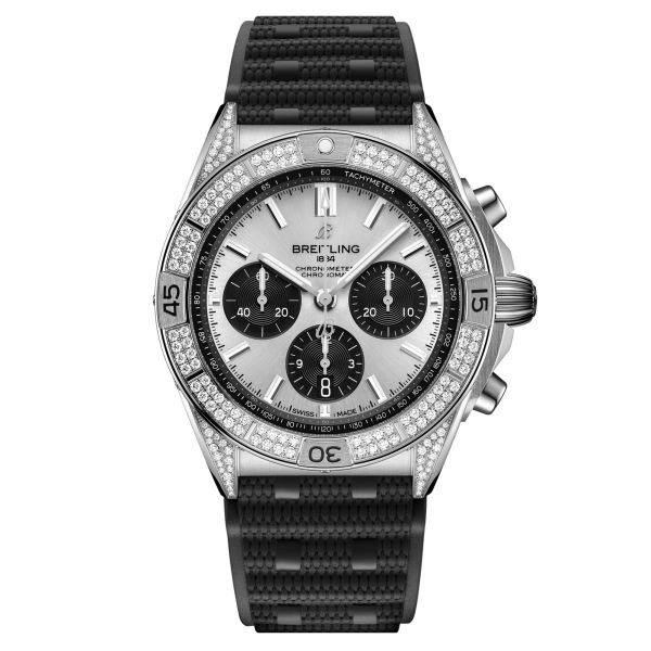 Montre Breitling Chronomat B01 Chronograph automatique lunette sertie cadran argent bracelet caoutchouc noir 42 mm AB0134721G1S2