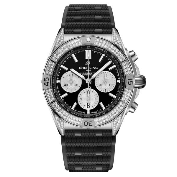 Montre Breitling Chronomat B01 Chronograph automatique lunette sertie cadran noir bracelet caoutchouc noir Rouleaux 42 mm AB0134