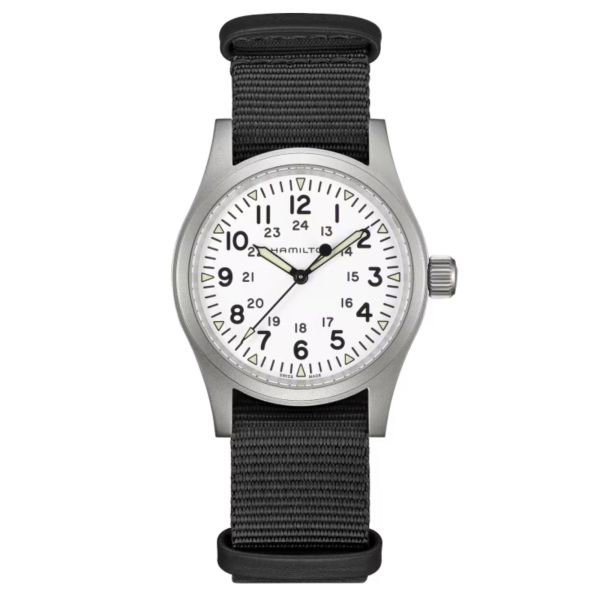 Montre Hamilton Khaki Field Mechanical cadran blanc bracelet NATO noir 38 mm