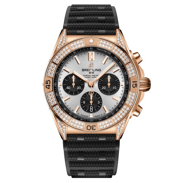 Breitling Chronomat B01 Chronograph automatic rose gold watch set bezel silver dial black rubber strap 42 mm RB0134721G1S2