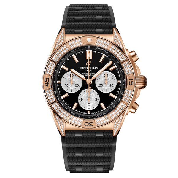 Breitling Chronomat B01 Chronograph automatic rose gold watch set bezel black dial black rubber strap 42 mm RB0134721B1S2