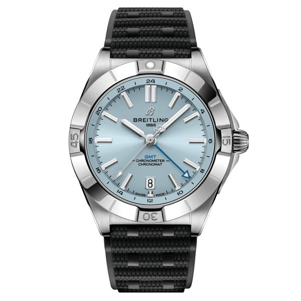 Breitling Chronomat GMT automatic watch glacier blue dial black rubber strap Rollers 40 mm P32398101C1S2