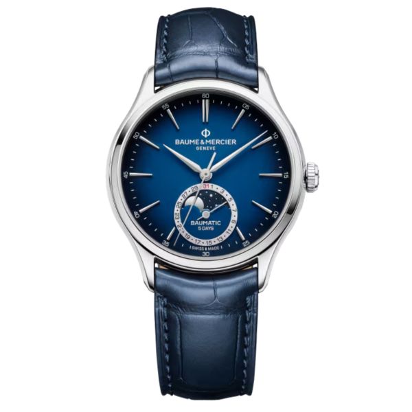Montre Baume et Mercier Clifton Baumatic Phase de Lune automatique cadran bleu bracelet cuir bleu 39 mm