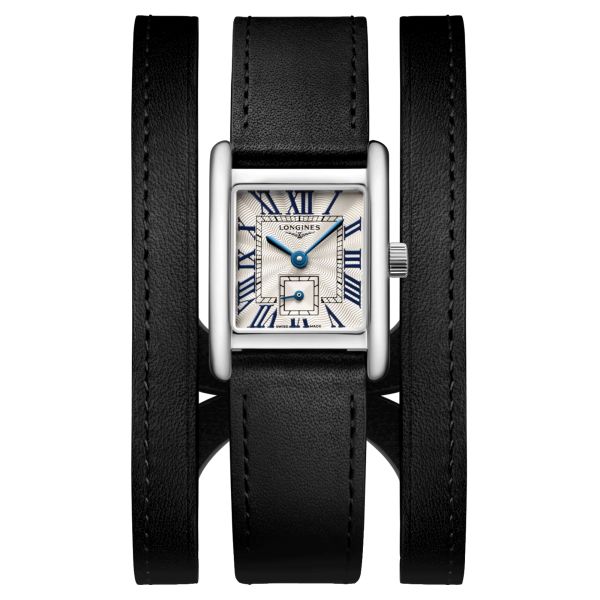 Longines Mini DolceVita quartz watch silver flinqué dial black leather strap double-tour 21,5 x 29 mm