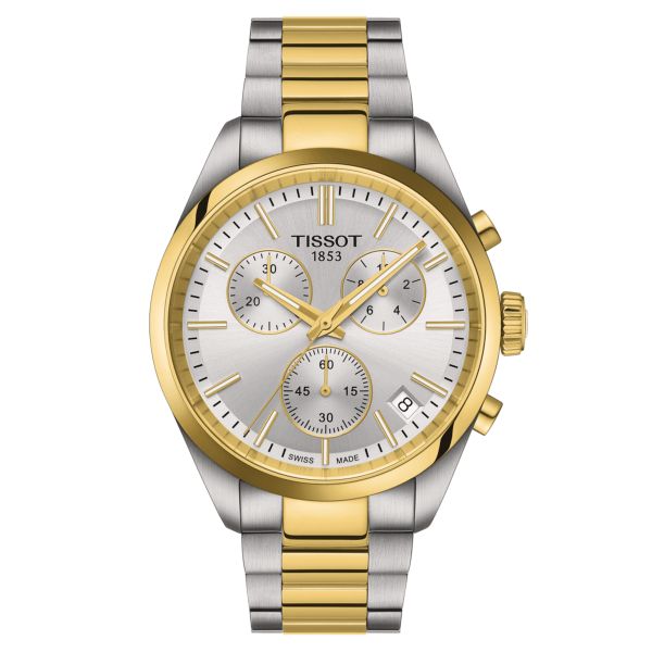 Tissot T-Classic PR 100 Chronograph quartz watch silver dial stainless steel bracelet pvd yellow gold 40 mm