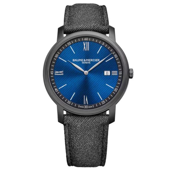 Baume et Mercier Classima quartz watch blue dial gray canvas strap 42 mm