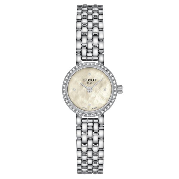 Tissot Lovely Round quartz watch bezel set with white mother-of-pearl dial stainless steel bracelet 19.5 mm T140.009.61.116.00