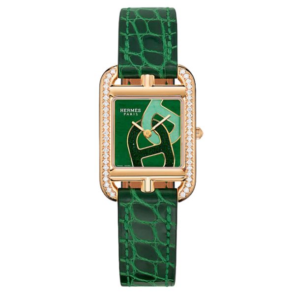 HERMÈS Cape Cod Petit Modèle quartz watch in rose gold bezel set with nephrite jade dial green leather strap 31 mm
