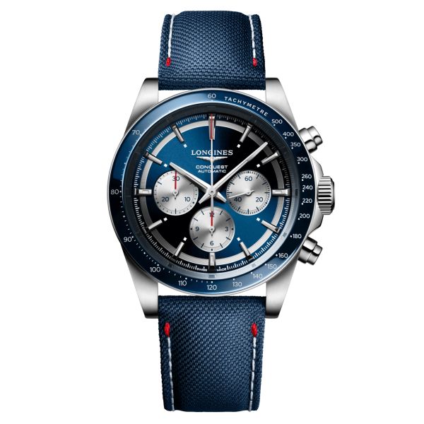 Montre Longines Conquest Chronographe Marco Odermatt automatique cadran bleu bracelet tissu bleu 42 mm L3.835.4.91.2