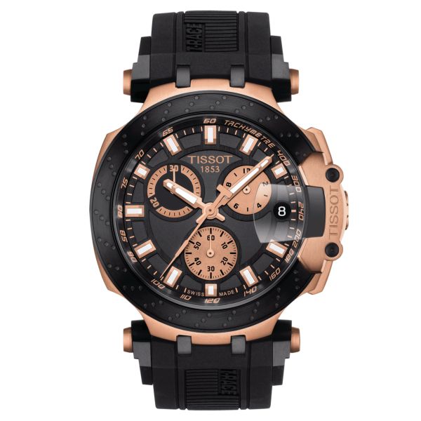 Montre Tissot T-Race Chronograph quartz PVD or rose bracelet silicone noir 43 mm