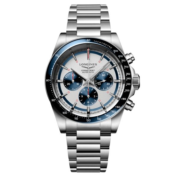 Longines Conquest automatic chronograph watch matte silver dial steel bracelet 42 mm L3.835.4.98.6