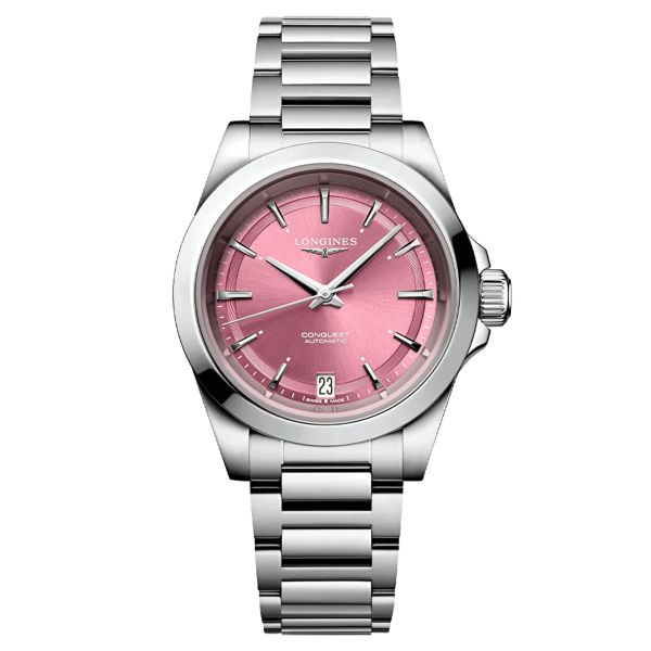 Longines Conquest automatic watch pink dial steel bracelet 34 mm