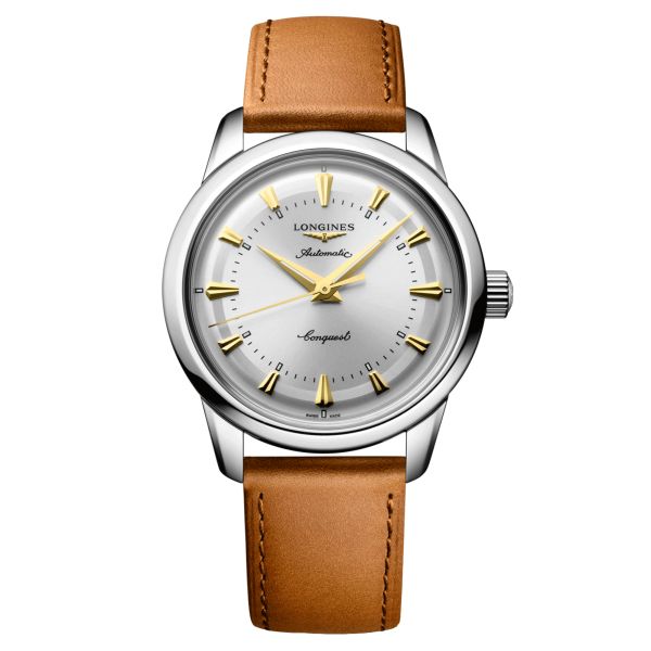 Longines Conquest Heritage automatic watch silver dial brown leather strap 38 mm L1.649.4.72.2