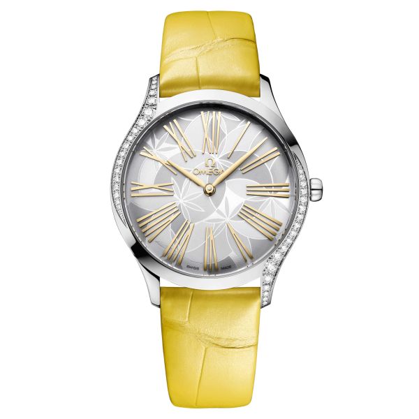 Montre Omega De Ville Trésor quartz cadran argenté bracelet cuir jaune 36 mm