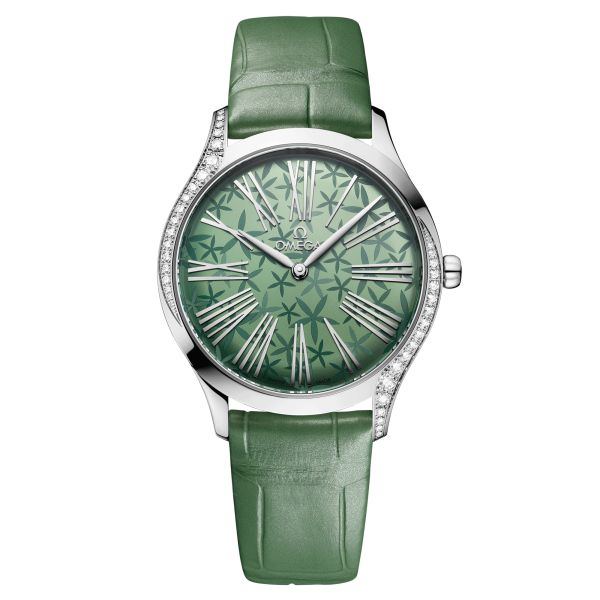 Montre Omega De Ville Trésor quartz cadran vert bracelet cuir vert 36 mm