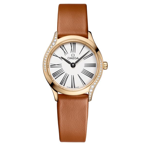 Omega De Ville Mini Trésor Moonshine Gold quartz white Grand Feu enamel dial brown leather strap 26 mm