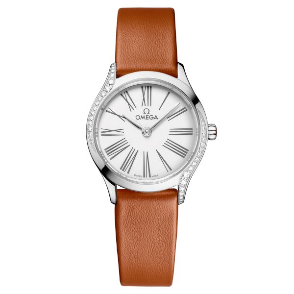 Montre Omega De Ville Mini Trésor quartz cadran émail Grand Feu blanc bracelet cuir brun 26 mm