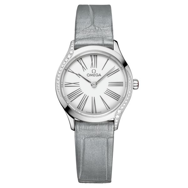 Montre Omega De Ville Mini Trésor quartz cadran émail Grand Feu blanc bracelet cuir gris 26 mm