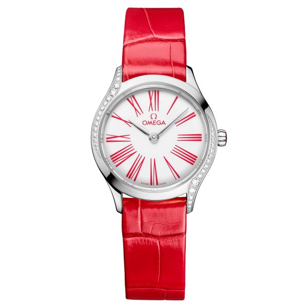 Montre Omega De Ville Mini Trésor quartz cadran émail Grand Feu blanc bracelet cuir rouge 26 mm