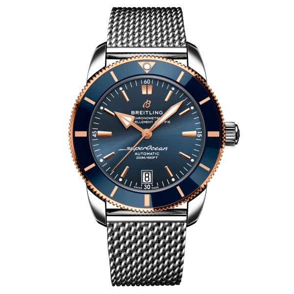 Montre Breitling Superocean Heritage B20 automatique acier et or rose cadran bleu bracelet acier maille milanaise 42 mm UB201016