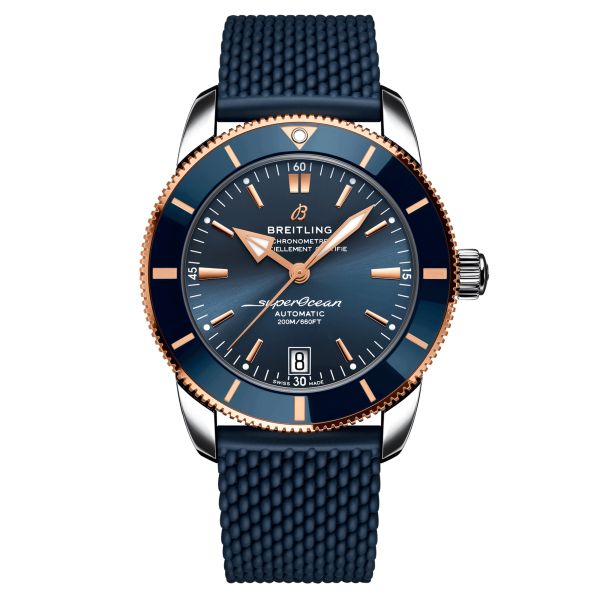 Montre Breitling Superocean Heritage B20 automatique acier et or rose cadran bleu bracelet caoutchouc bleu 42 mm UB2010161C1S1