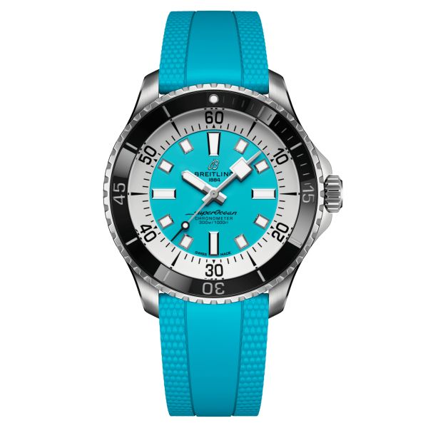 Breitling Superocean automatic watch turquoise dial turquoise rubber strap 44 mm A17376211L2S2