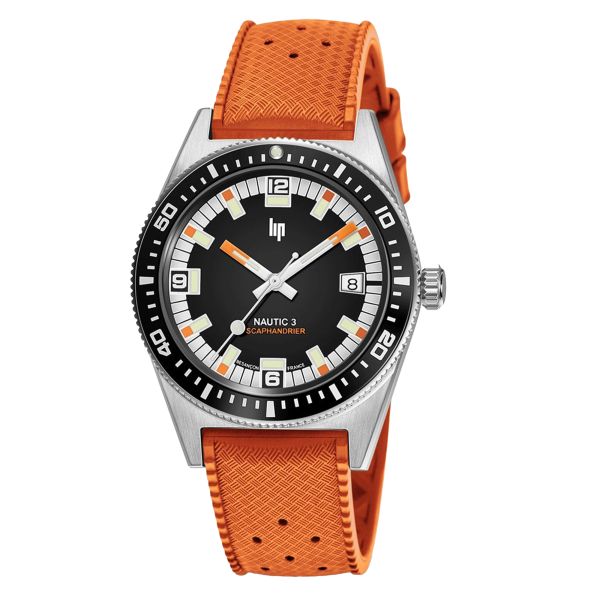 Lip Nautic 3 Scaphandrier automatic black dial orange "tropic" rubber strap 39 mm