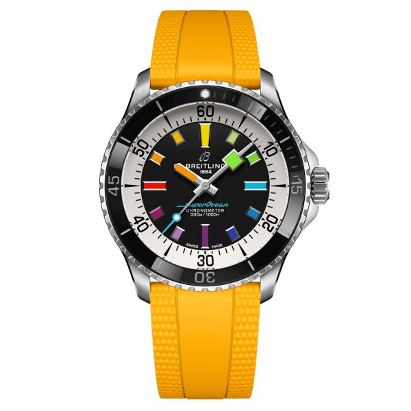 Breitling Superocean automatic watch black dial yellow rubber strap 42 mm A17375211B2S4