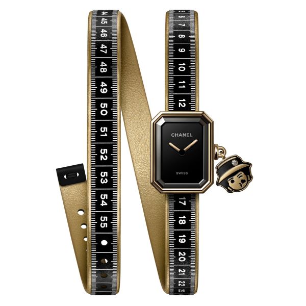 Montre CHANEL Première Charms Couture quartz or jaune, acier et cuir cadran laqué noir 19,7 mm